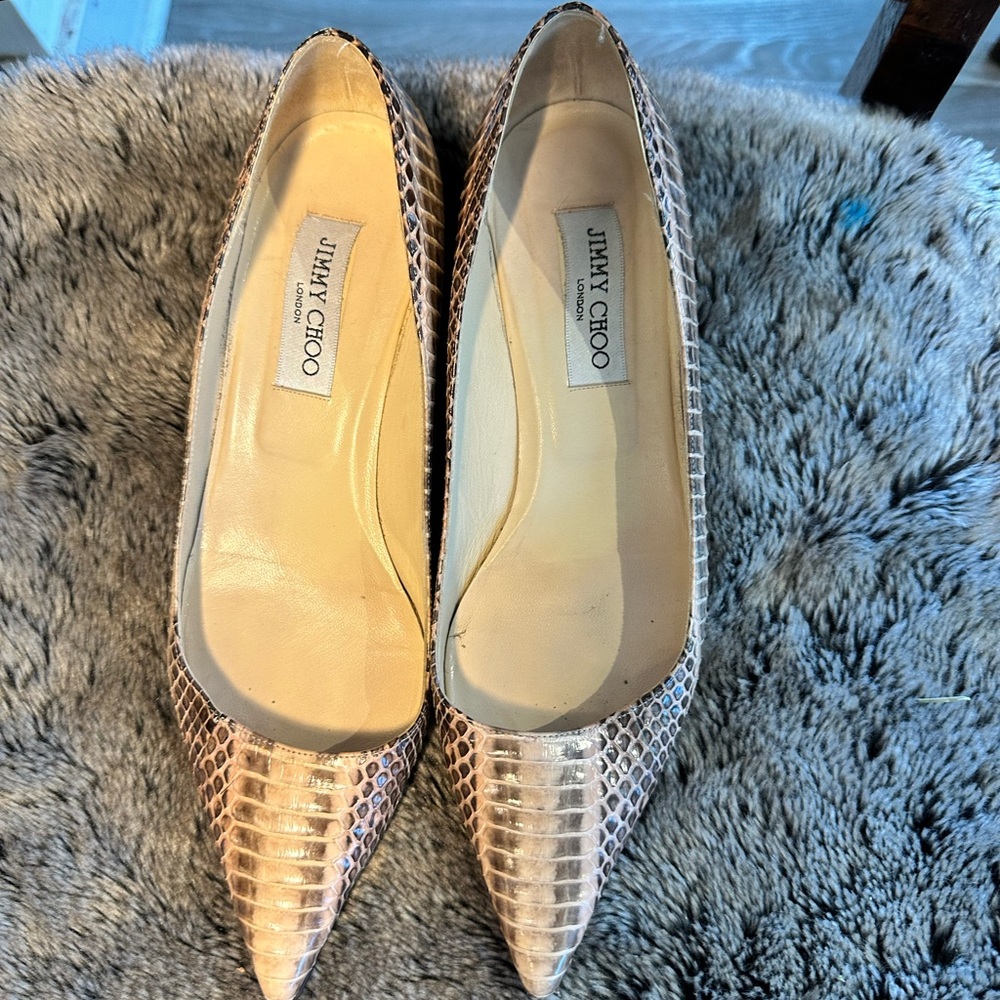 Jimmy CHOO Metallic Python Pointed Toe Kitten Heels, Size 39